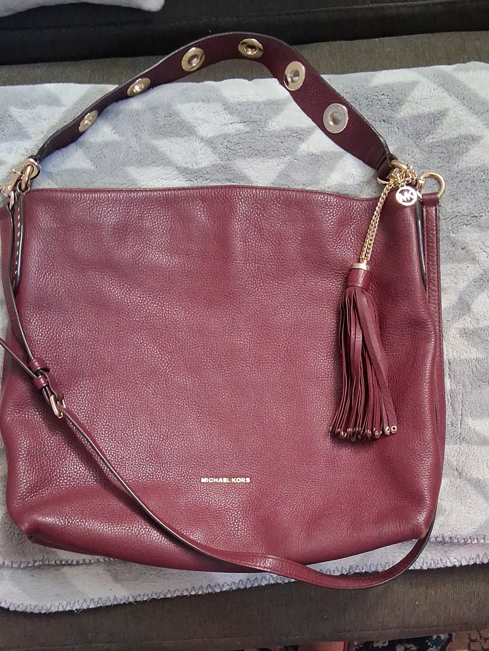 Michael Kors Maroon Pebbled Leather Shoulder Bag with Tassel
